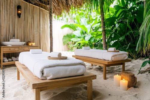 Beach summer marketing campaigns concept. A tranquil outdoor spa setting with wooden massage tables, soft towels, and candles amidst lush greenery and sandy floor. photo