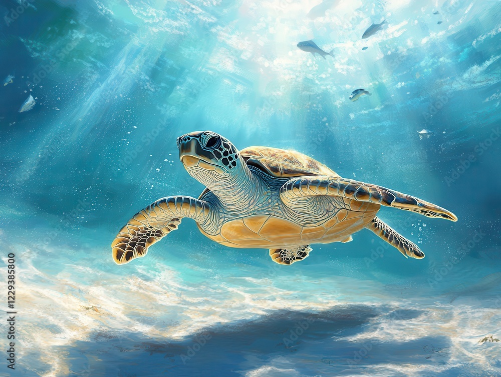 Obraz premium Majestic sea turtle gliding gracefully through crystal clear ocean waters with shimmering sunlight illuminating its beautiful shell and surrounding aquatic life