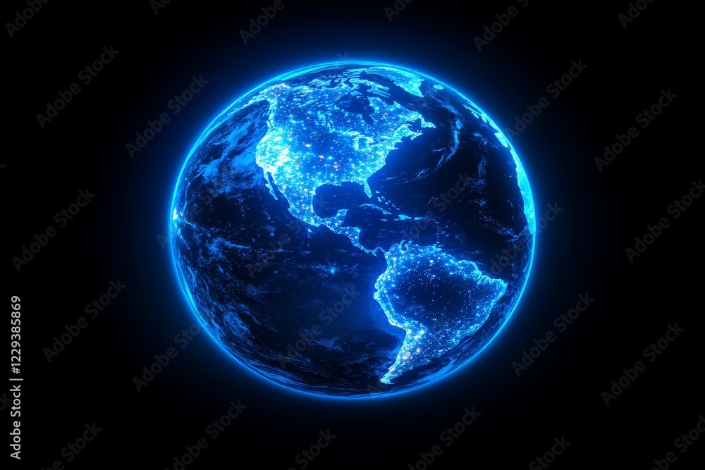 Glowing blue depiction of Earth showcasing lights of cities and natural features in the dark Glowing blue depiction of Earth showcasing lights of cities and natural features in the dark