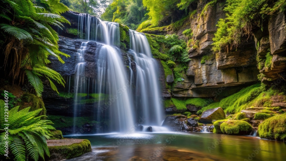 Fototapeta premium Fern-draped Rupit waterfall in Catalonia, Spain; black rocks and a dramatic cascade.