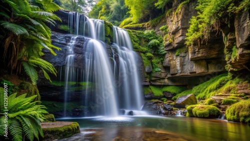 Fern-draped Rupit waterfall in Catalonia, Spain; black rocks and a dramatic cascade.