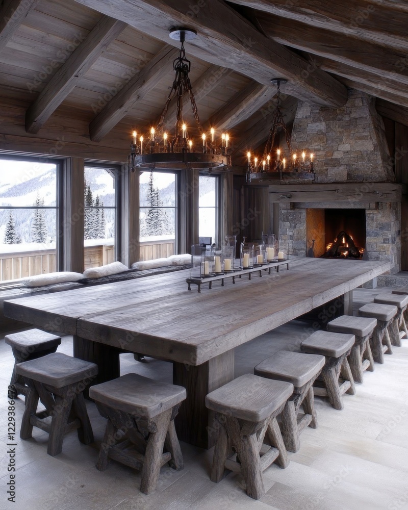 Cozy Mountain Lodge Dining Room with Rustic Wooden Furniture Cozy Mountain Lodge Dining Room with Rustic Wooden Furniture