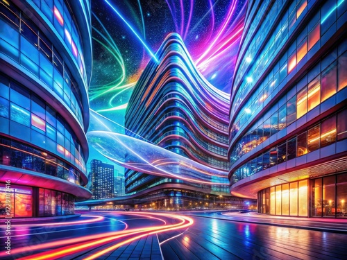 Futuristic buildings shimmer with abstract neon, glowing particles painting a nocturnal architectural fantasy. photo