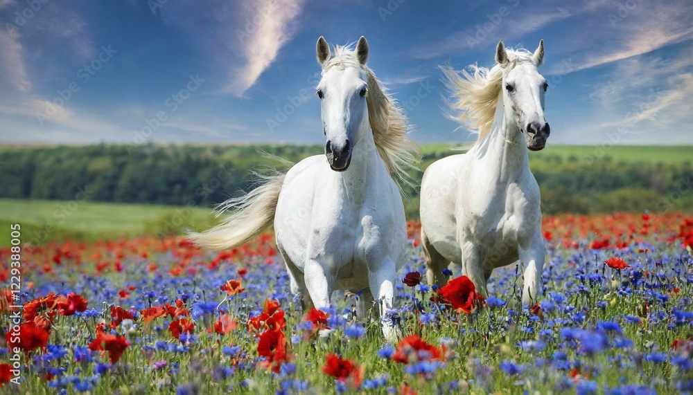 Obraz premium KI generated, A horse, horses, Arabian, in front of a blue sky, thoroughbred Arabian, AV, Arabian thoroughbred, (Eqqus ferus caballus), running in a meadow with colourful flowers