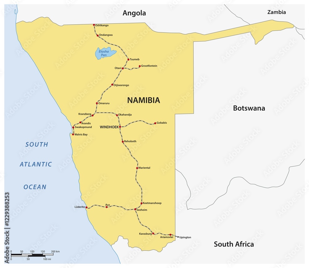 Obraz premium Route network map and train stations in Namibia