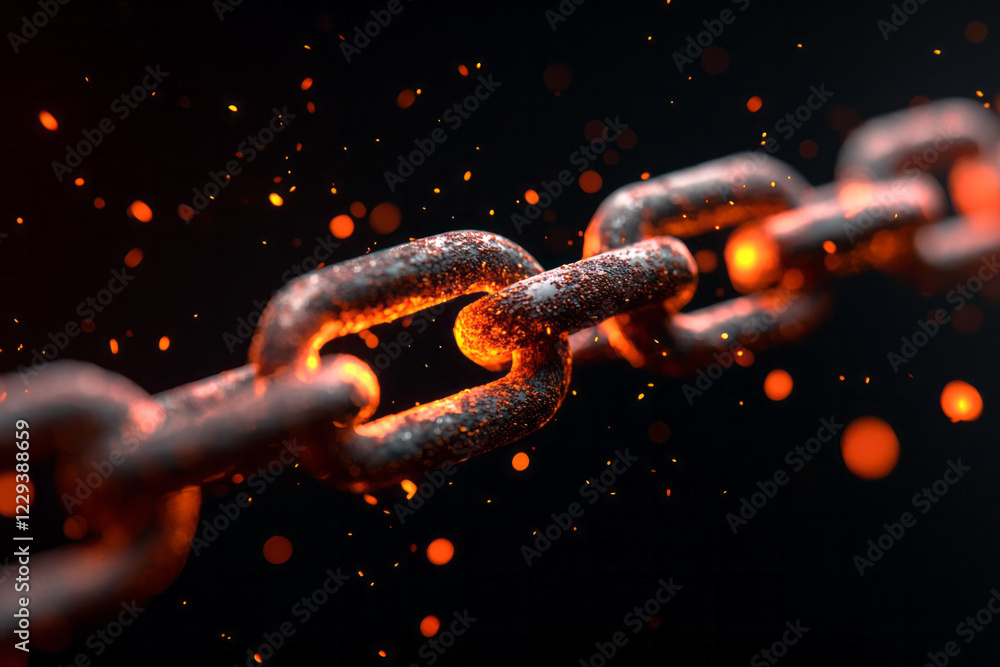 A creative depiction of a rusted iron chain link snapping at its weakest point, representing the unexpected failure of presumed strength, A creative depiction of a rusted iron chain link snapping at its weakest point, representing the unexpected failure of presumed strength,