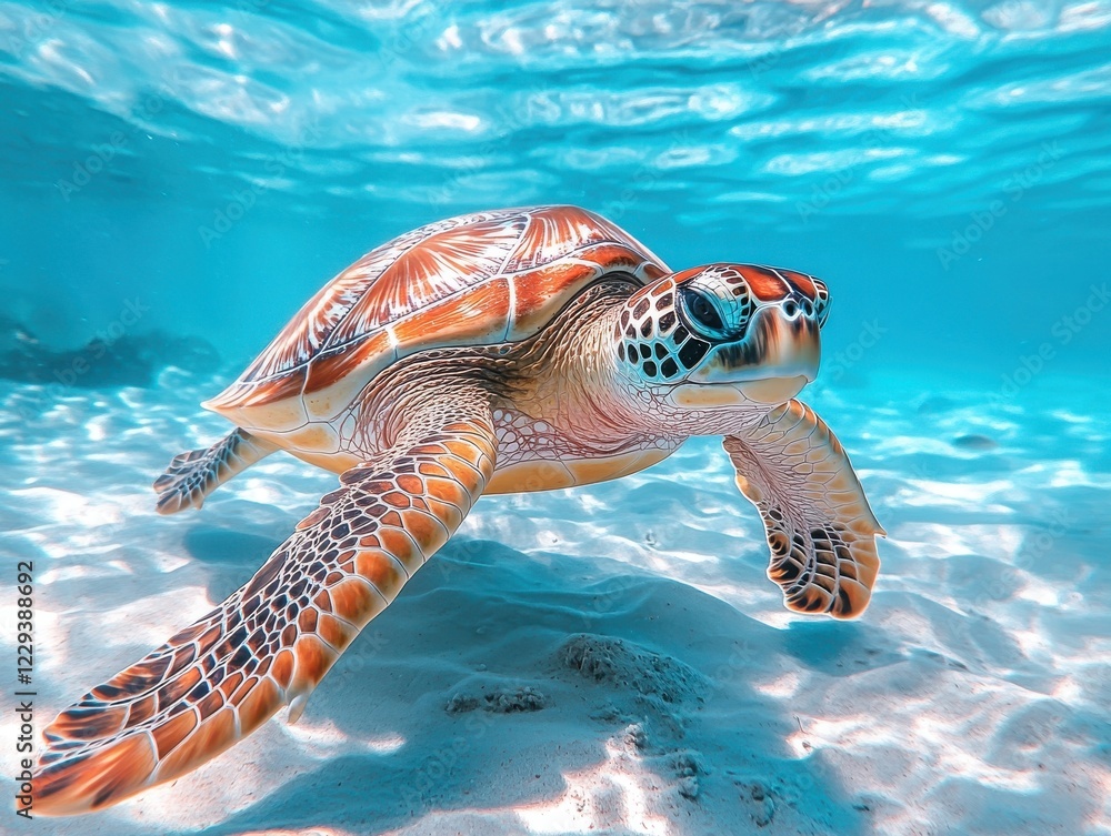 Obraz premium Majestic Sea Turtle Gliding Through Clear Tropical Waters, Underwater Scene Capturing Ocean Life in Vibrant Colors and Tranquil Atmosphere