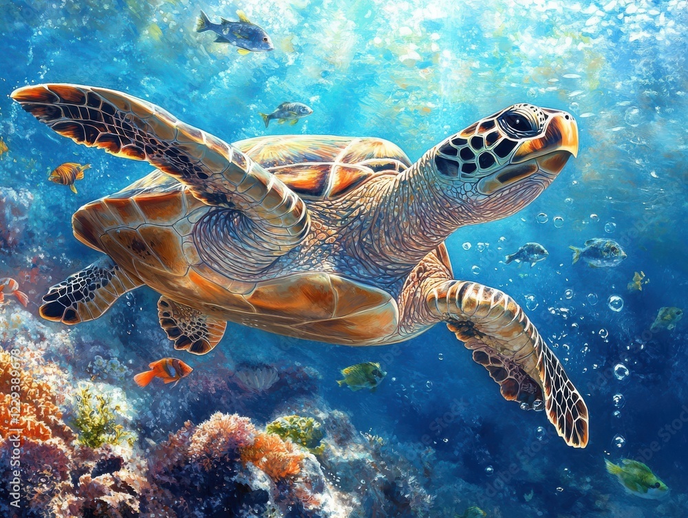 Fototapeta premium Majestic Sea Turtle Gliding Through Crystal Clear Ocean Waters Surrounded by Vibrant Coral Reefs and Colorful Tropical Fish in a Lively Underwater Scene