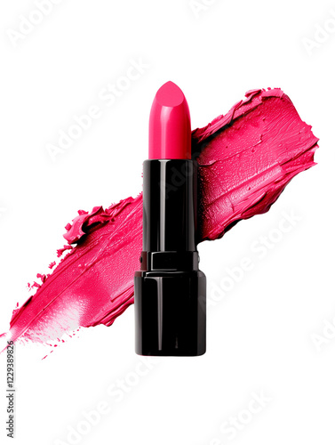 Luxury pink lipstick with creamy texture and elegant black packaging, displayed with a vibrant color swatch on a transparent background. Perfect for beauty products, cosmetics, and makeup branding. photo