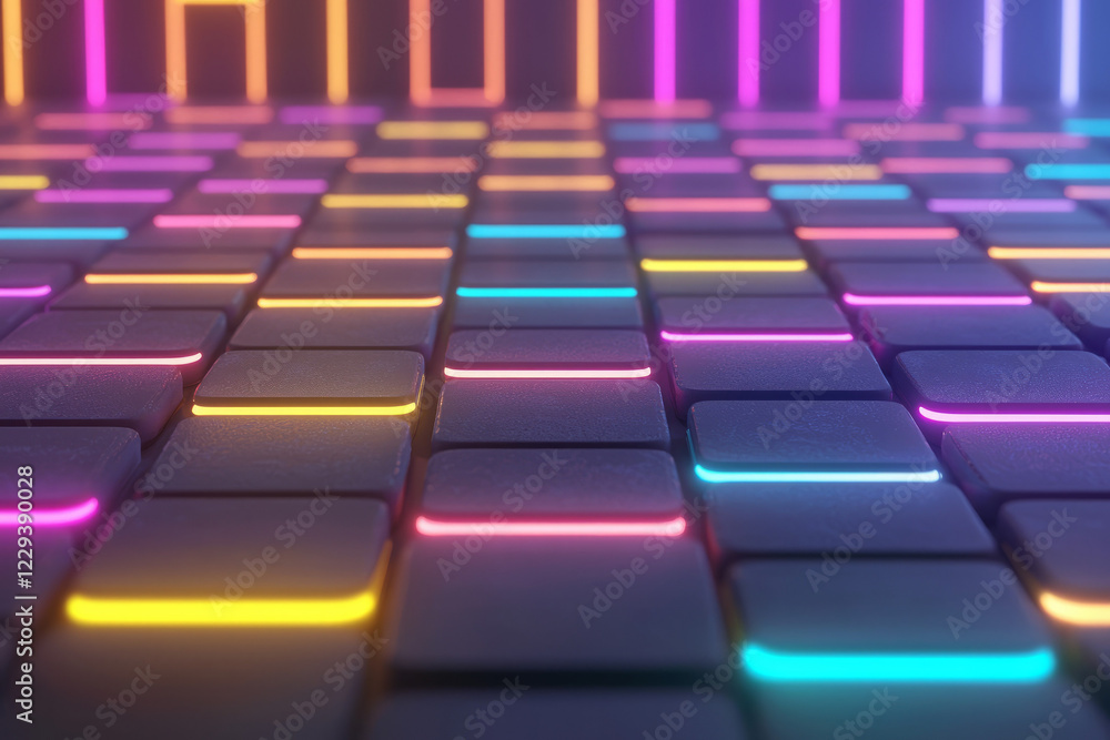 A vibrant 3D rendering of neon-lit digital blocks arranged in a grid-like pattern, reflecting futuristic cyber aesthetics, A vibrant 3D rendering of neon-lit digital blocks arranged in a grid-like pattern, reflecting futuristic cyber aesthetics,