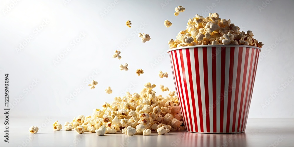 Striped red and white popcorn bucket silhouette against a white background, scattered kernels. Striped red and white popcorn bucket silhouette against a white background, scattered kernels.