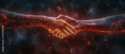 Two hands shaking with glowing particles, symbolizing digital connection, AI generated photo