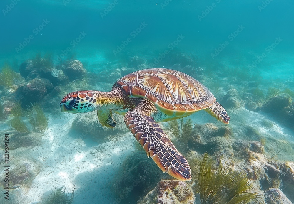 Obraz premium Majestic Sea Turtle Gliding Through Crystal Clear Waters of a Vibrant Coral Reef, Showcasing Nature's Beauty and Marine Life Resilience