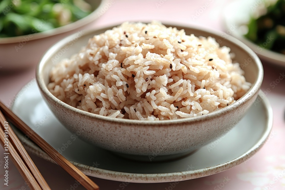 Aromatic rice bowl, sesame seeds, earthy tones. Aromatic rice bowl, sesame seeds, earthy tones.