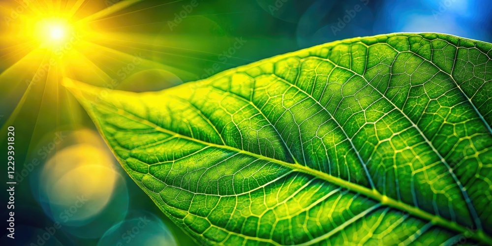 Fototapeta premium Sun-drenched green leaf, macro detail, bokeh blur.