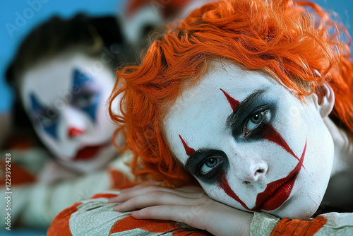 A peaceful image of circus performers resting backstage in colorful costumes, reflecting the human side and camaraderie behind the grand show,