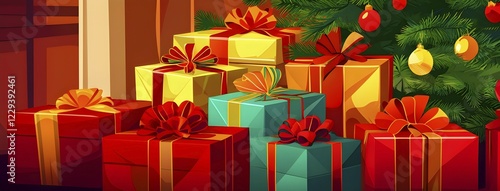 Abstract illustration of wrapped Christmas gifts, shiny ribbons and bows, stacked under a evergreen tree in a cozy living room, AI generated