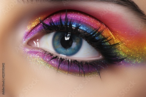 Close up of woman's eye with ranbow colored eyemakep, AI generated photo