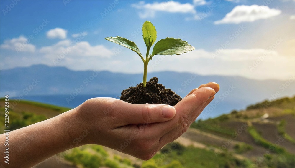 Ki generated, A hand with soil, a small plant grows in it, growth Ki generated, A hand with soil, a small plant grows in it, growth