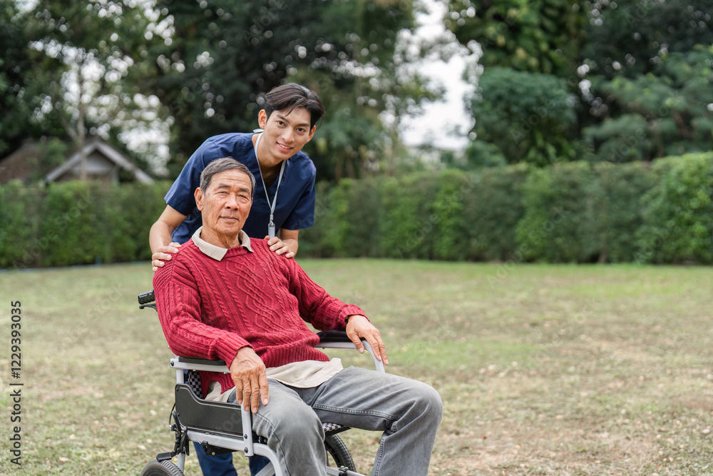 Nursing aide proudly standing behind elderly man in wheelchair, showcasing support and companionship in a garden Nursing aide proudly standing behind elderly man in wheelchair, showcasing support and companionship in a garden