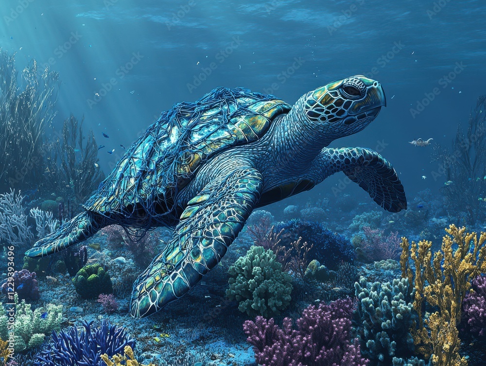 Obraz premium Majestic Sea Turtle Gliding Through Vibrant Coral Reef Underwater Scene with Sunlight and Marine Life in Beautiful Ocean Environment