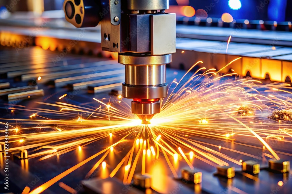 Industrial fiber laser: precise sheet metal cuts, vibrant sparks, advanced technology. Industrial fiber laser: precise sheet metal cuts, vibrant sparks, advanced technology.