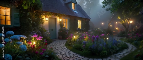 A quaint cottage with vibrant flowering plants framing the garden path