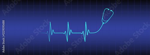 Abstract stethoscope with heart rate, ekg line design on blue medical monitor background. Healthcare symbol to use for health industry, cardiology, medical care, hospital, health science projects.