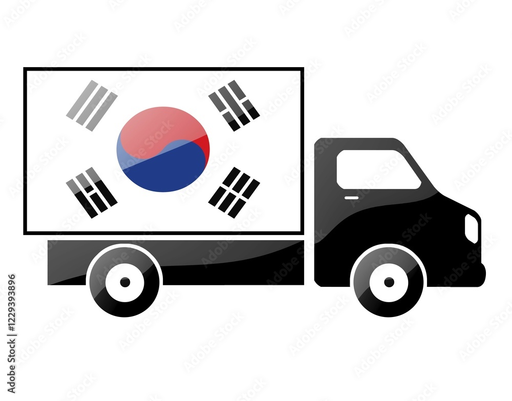 Naklejka premium The South Korea flag painted on the silhouette of a truck. glossy illustration