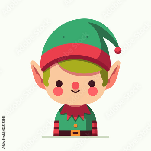 Cheerful Christmas Elf: A cheerful Christmas elf with a wide smile and rosy cheeks is depicted in a charming flat design. He is wearing a traditional green hat and striped shirt.