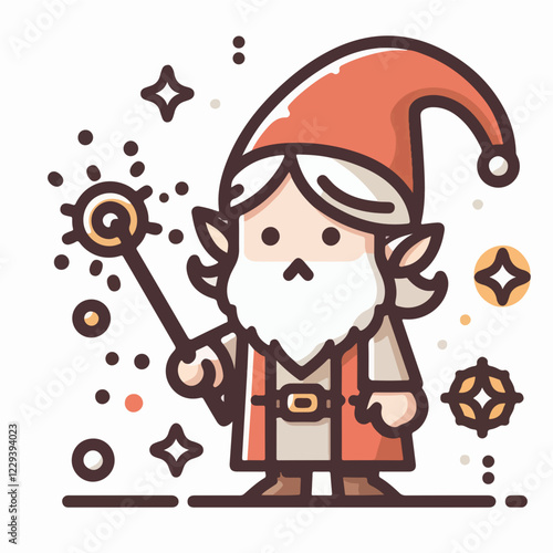 Enchanted Elf with Wand: A charming illustration of a whimsical elf, complete with pointy ears, a flowing beard, and a red hat, holding a sparkling magic wand.