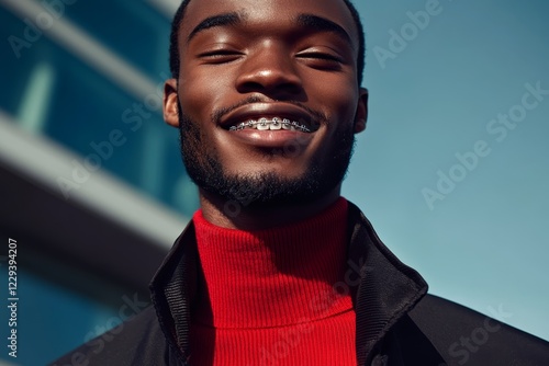 Young man with braces smiles brightly outdoors in urban setting during sunny day photo