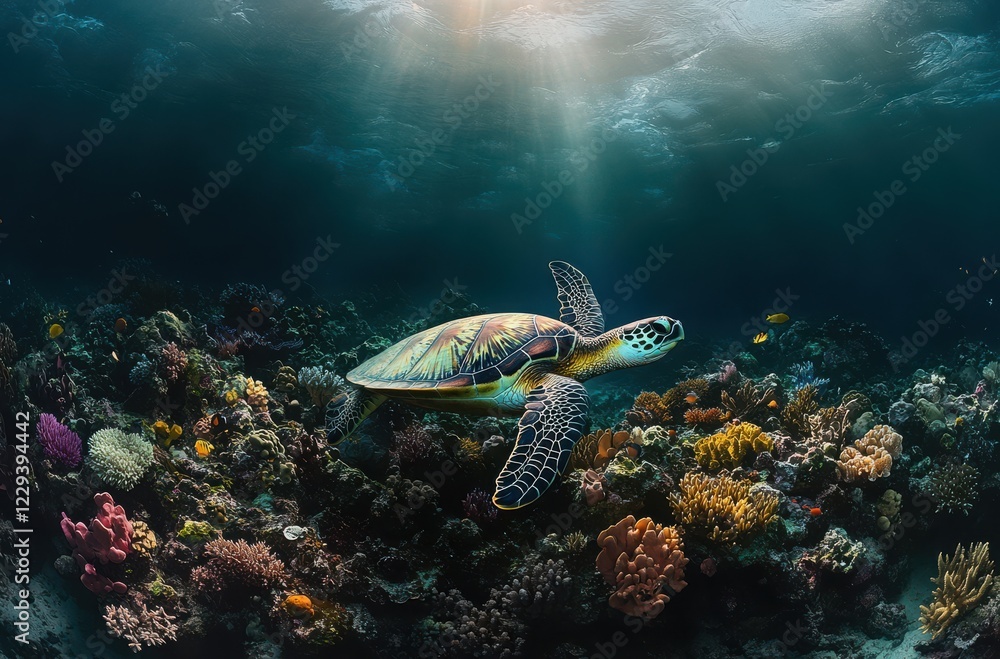 Fototapeta premium Majestic Sea Turtle Gracefully Swimming Among Vibrant Coral Reefs in Crystal Clear Ocean Water Beneath the Sunlight Filtering from Above