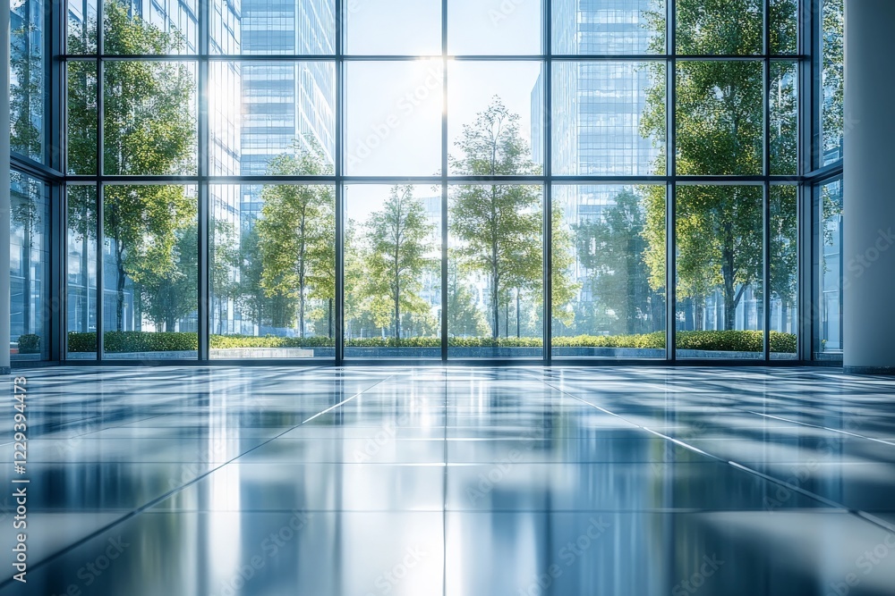 Modern office building interior featuring large glass windows and reflections on the floor with trees outside Modern office building interior featuring large glass windows and reflections on the floor with trees outside