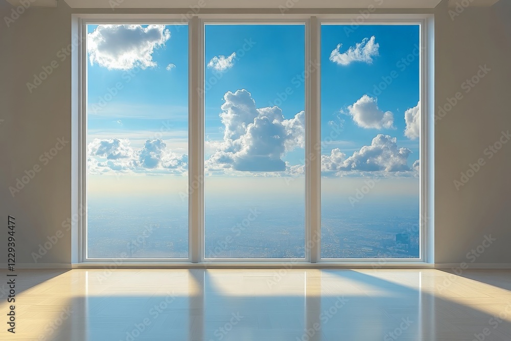 Bright and airy panoramic view of fluffy clouds through large windows on a sunny day Bright and airy panoramic view of fluffy clouds through large windows on a sunny day