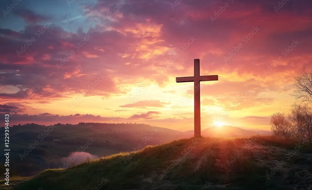 A cross on the hill with a beautiful sunset sky background, an Easter theme. A cross on the hill with a beautiful sunset sky background, an Easter theme.