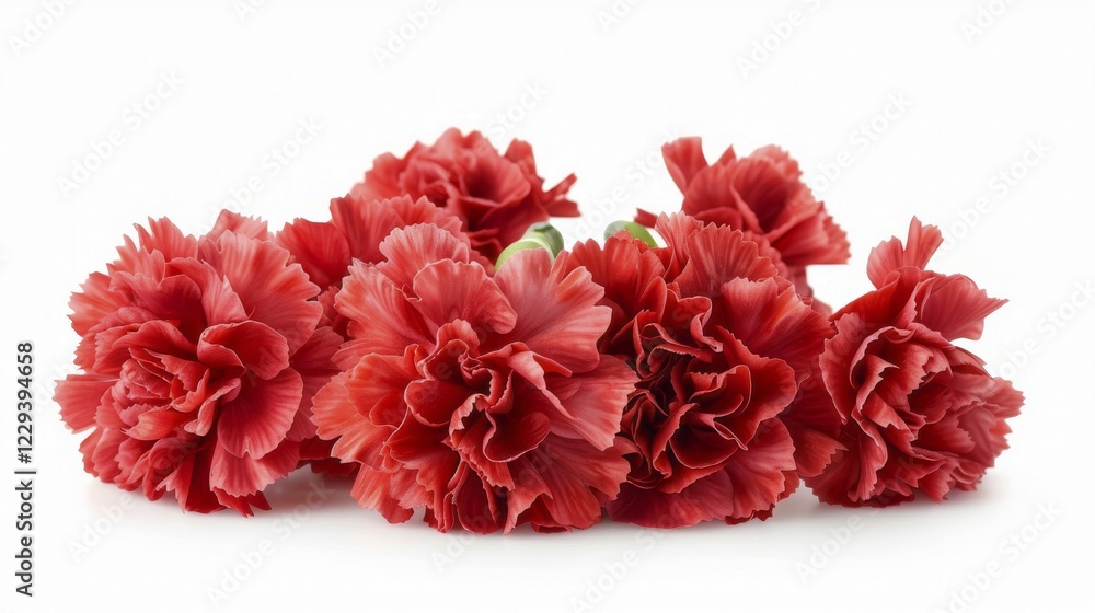 A lush bunch of red carnations with ruffled petals against a white background, AI generated A lush bunch of red carnations with ruffled petals against a white background, AI generated