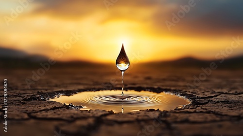 A drought-stricken cracked earth landscape with a single drop of water creating ripples in a small puddle, symbolizing water scarcity and hope, Ultra-Realistic, Photo Realistic, highly detailed, 