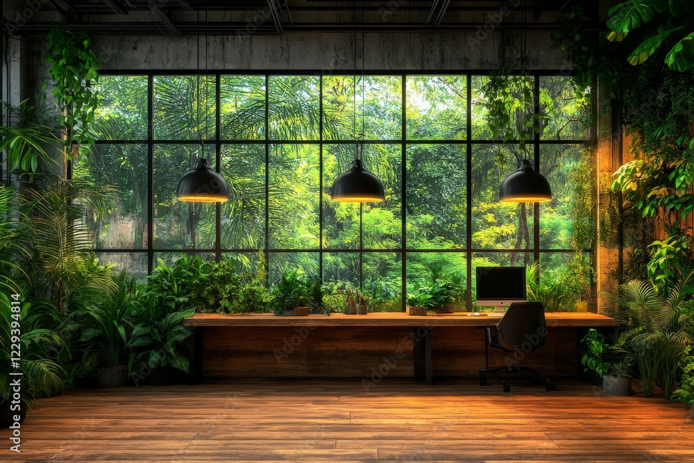 Modern workspace with abundant greenery and natural light creating a serene atmosphere in a vibrant urban environment Modern workspace with abundant greenery and natural light creating a serene atmosphere in a vibrant urban environment