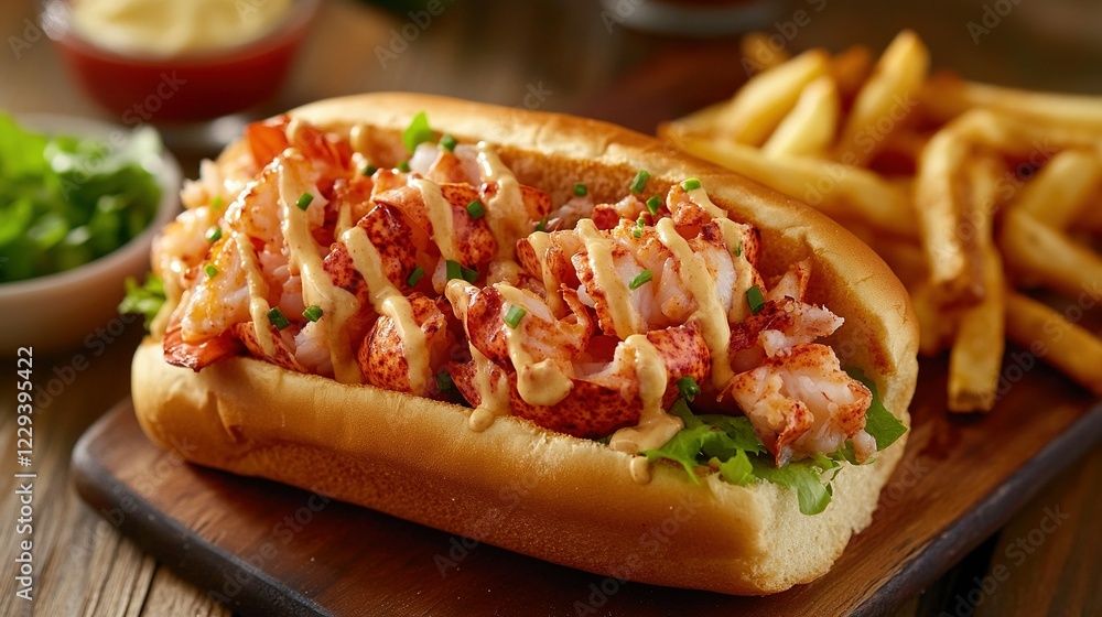 A fresh lobster roll packed with tender lobster meat, drizzled with butter and served in a toasted bun with fries. A fresh lobster roll packed with tender lobster meat, drizzled with butter and served in a toasted bun with fries.