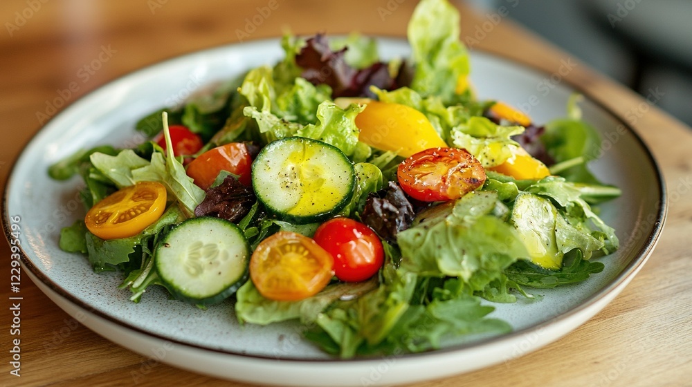 A fresh garden salad with vibrant greens, cherry tomatoes, cucumbers, and a drizzle of olive oil dressing on a white plate. A fresh garden salad with vibrant greens, cherry tomatoes, cucumbers, and a drizzle of olive oil dressing on a white plate.
