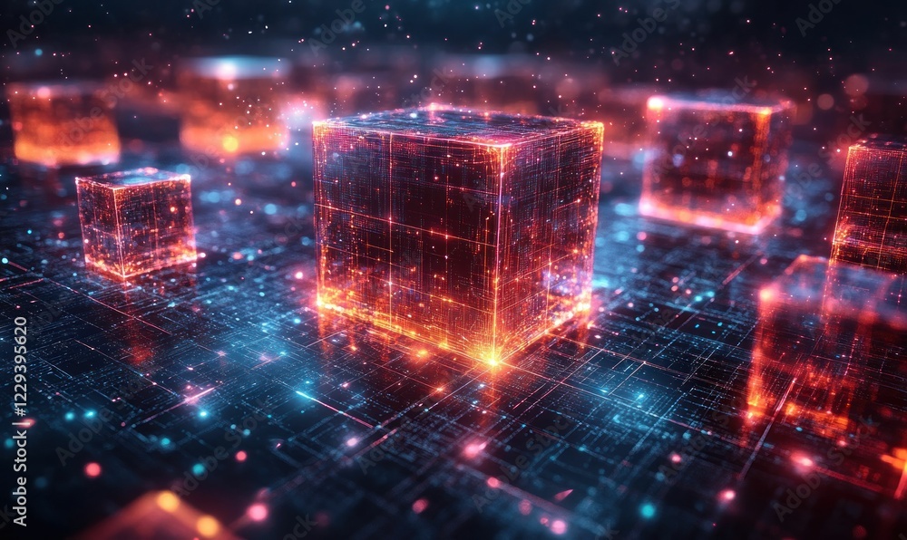 Glowing digital cubes illuminate futuristic circuit Glowing digital cubes illuminate futuristic circuit