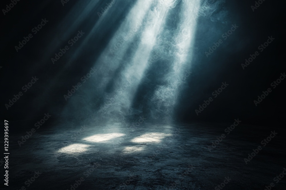 Light beams penetrate a dark space creating an ethereal atmosphere in an abandoned location Light beams penetrate a dark space creating an ethereal atmosphere in an abandoned location