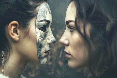 Obraz na płótnie Two faces, one with a mask, close to each other, symbol of self-recognition, psychological problems, AI generated, AI generated w salonie