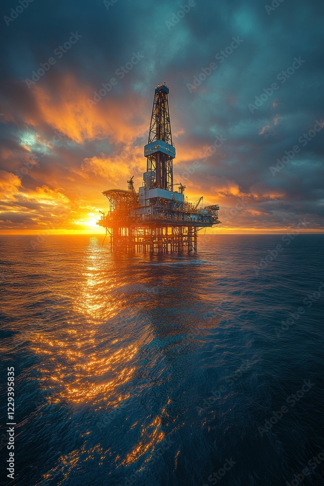 Obraz premium Offshore oil rig sunset ocean dramatic scene