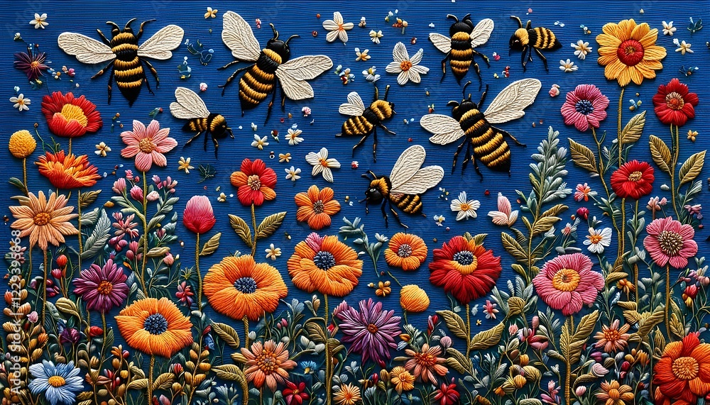 Bee and Flowers Embroidery Art Bee and Flowers Embroidery Art