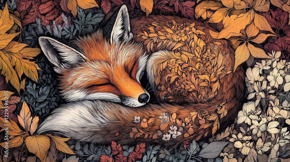 Fototapeta premium A fox curled up in a bed of leaves and flowers, with intricate shading and patterns on its fur.