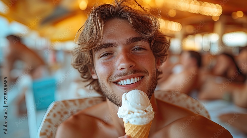A young man with long blonde hair smiles broadly as he enjoys a vanilla ice cream cone on a warm summer day. A young man with long blonde hair smiles broadly as he enjoys a vanilla ice cream cone on a warm summer day.