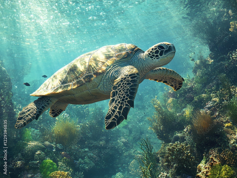 Obraz premium Majestic Sea Turtle Gracefully Swimming Through Vibrant Coral Reef Underwater in Clear Blue Ocean Environment