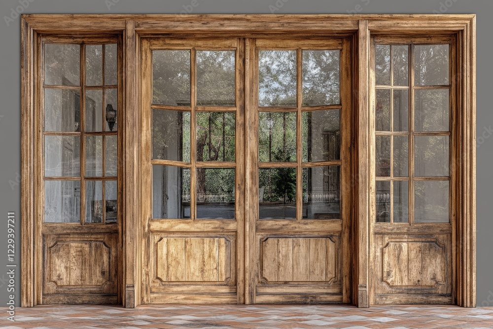 Wooden double door with large glass panes set in a rustic building surrounded by greenery during daytime